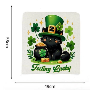 St. Patrick's Day chair cover with lucky black cat, clover, and 58x49cm size detail