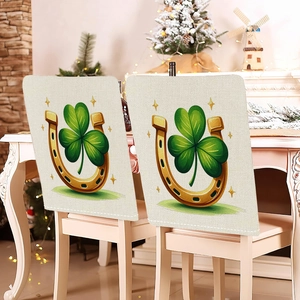 Detail of St. Patrick's Day chair covers with green clover and lucky horseshoe print