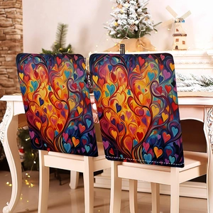 Detailed view of elastic chair cover featuring vibrant abstract colorful heart patterns