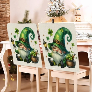 Detail of St. Patrick's Day chair covers with gnome design on a white chair