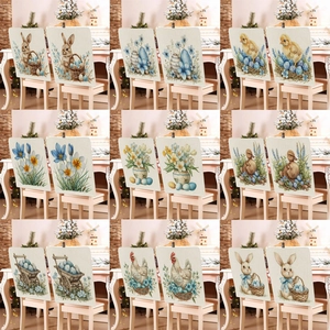 Easter Bunny Dining Chair Back Cover Short Plush Blue Floral Egg Printed Chair Protector For Home Holiday Spring Party Decor