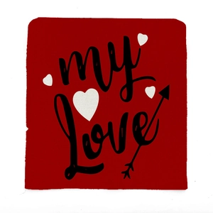 Square red cotton linen throw pillow cover with black My Love print and white hearts