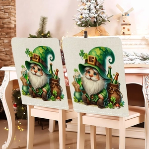 St. Patrick's Day chair covers with leprechaun and clover patterns on white wood chairs