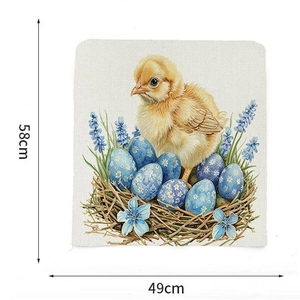 Easter chair cover with blue floral bunny pattern on beige linen, 58x49 cm size detail