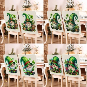 St Patrick's Day Chair Covers Set Gnome Clover Green Dining Seat Back Protector For Home Festive Party Decor Short Plush