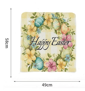 Close-up of Easter chair cover featuring Happy Easter text and colorful egg wreath floral art