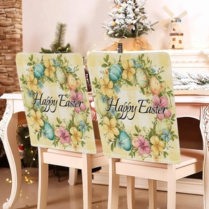 Easter Chair Back Covers Rabbit Colorful Eggs Flower Printed Short Plush Seat Protector For Holiday Dining Room Decoration