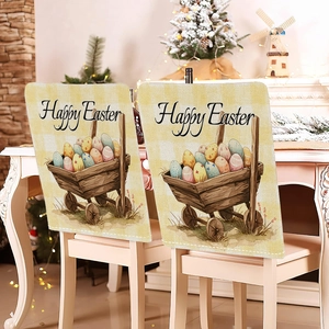 Happy Easter chair covers featuring colorful eggs cart print on linen textured fabric