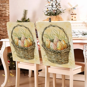 Easter chair covers with rabbit egg prints on beige linen fabric set of 2 for home decor