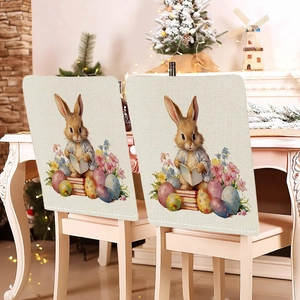 Easter bunny and egg print chair back covers made of linen fabric for festive dining decor