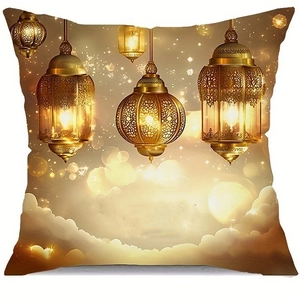 Golden moon pillow cover with hanging lanterns for Ramadan home sofa decoration