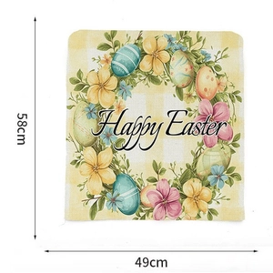 Happy Easter chair cover featuring eggs and floral wreath on yellow checkered fabric