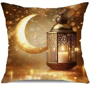 Golden moon and lantern pattern decorative throw pillow cover for festive sofa decor