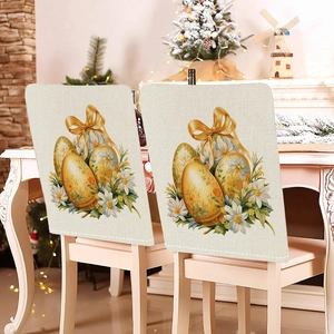 Close-up of Easter egg and daisy print chair covers on wooden chair back