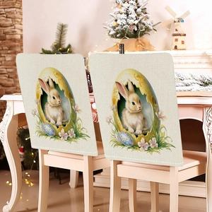 Detail of Easter bunny and egg print on faux linen chair covers in a home setting