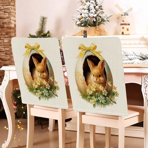 Close-up of Easter chair covers with rabbit and egg print on faux linen fabric