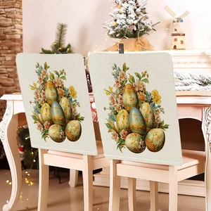 Close-up of linen Easter chair covers with colorful egg and floral pattern prints