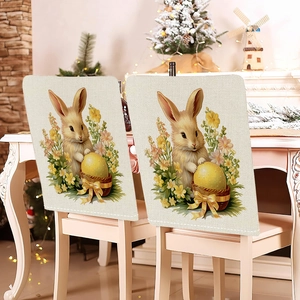 Detail showing Easter bunny and flower patterns on linen-style chair back covers