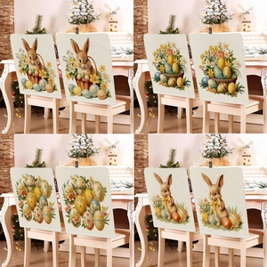 Easter Bunny And Egg Print Chair Back Cover Linen Look Holiday Kitchen Dining Table Decoration Removable Chair Slipcover