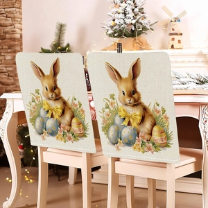 Set of 2 Easter chair back covers with beige rabbit and floral print on white chairs
