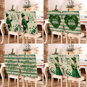 St. Patrick's Day Chair Back Covers Short Plush Clover Heart Pattern Striped Dining Chair Slipcovers For Home Party Decor