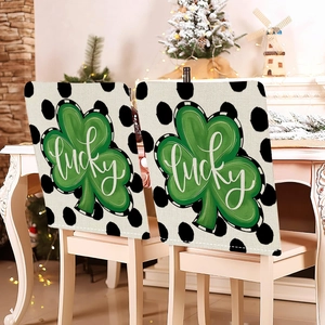 St Patrick's Day Chair Back Covers Short Plush Four Leaf Clover Lucky Pattern For Dining Room Home Festival Decoration