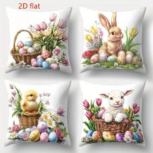 Four-piece Easter pillow case set featuring rabbit, lamb, and flower patterns for sofa decor