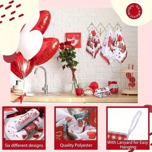 Microfiber kitchen towel detail showing six Valentine designs with a lanyard for easy hanging
