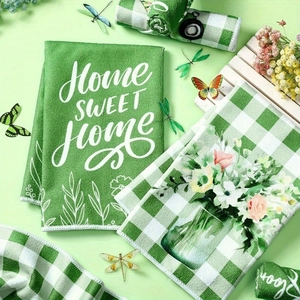 Floral microfiber kitchen towels set with Home Sweet Home print and green plaid pattern