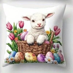 Detail of Easter pillow cover featuring a cute sheep in a basket with tulips and eggs