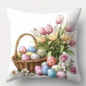 Detail of Easter pillow cover featuring a floral basket with colorful eggs and tulips