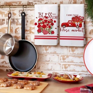 Valentine's Day kitchen towels with red heart and rose basket prints in rustic style