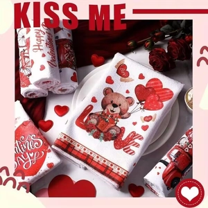 Detail of Valentine microfiber kitchen towels with teddy bears, hearts and red truck prints