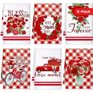6-Pack Valentine's Day microfiber kitchen towels with red rose and farmhouse patterns