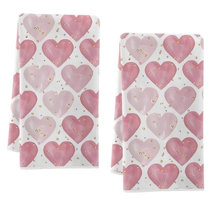 Detail of two-piece watercolor heart microfiber kitchen towels with gold Love motif