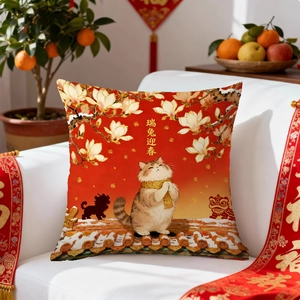 Red festive Lunar New Year throw pillow case with lucky cat illustration on white sofa