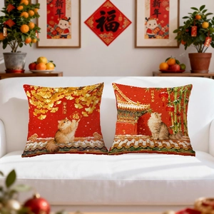Chinese New Year festive red pillow covers set with golden cat and fortune illustrations