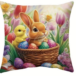 Easter throw pillow cover featuring a cute bunny, chick and colorful eggs in a basket
