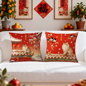 Set of two festive red Chinese New Year pillow covers with cat and persimmon patterns