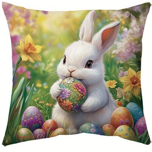 Easter bunny and floral egg pillow cover on spring background square cushion case
