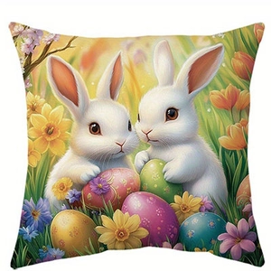 Easter pillow cover with cute bunnies, colorful eggs, and spring flowers on white fabric