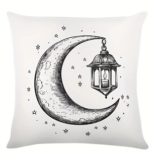 Minimalist moon and star throw pillow cover with vintage lantern design on white fabric