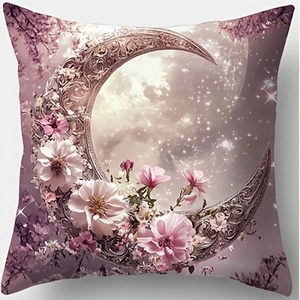 Housse de coussin lune fleurie avec motif ciel étoilé pour canapé en rose et violet