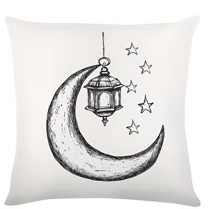 Minimalist square throw pillow cover featuring black moon and star sketch on white fabric