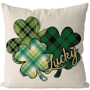 Saint Patrick's Day clover pillow cover with green plaid patterns and Lucky gold text