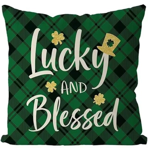 St. Patrick's Day green plaid lucky clover pillow cover for home sofa decor