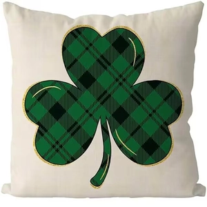 St. Patrick's Day shamrock throw pillow cover with green buffalo plaid and gold trim details