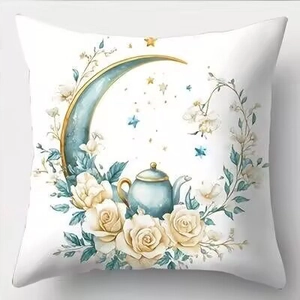 Floral moon pillow cover with blue teapot and white roses for bohemian home decor