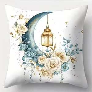 Square pillowcase with moon, floral pattern, and hanging lantern for holiday home decor