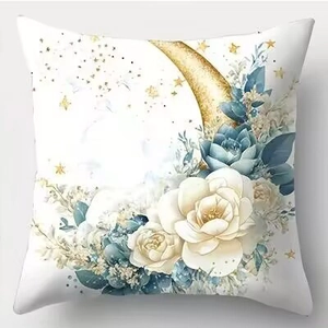 Floral moon pillow cover with golden crescent moon and white roses for home decor